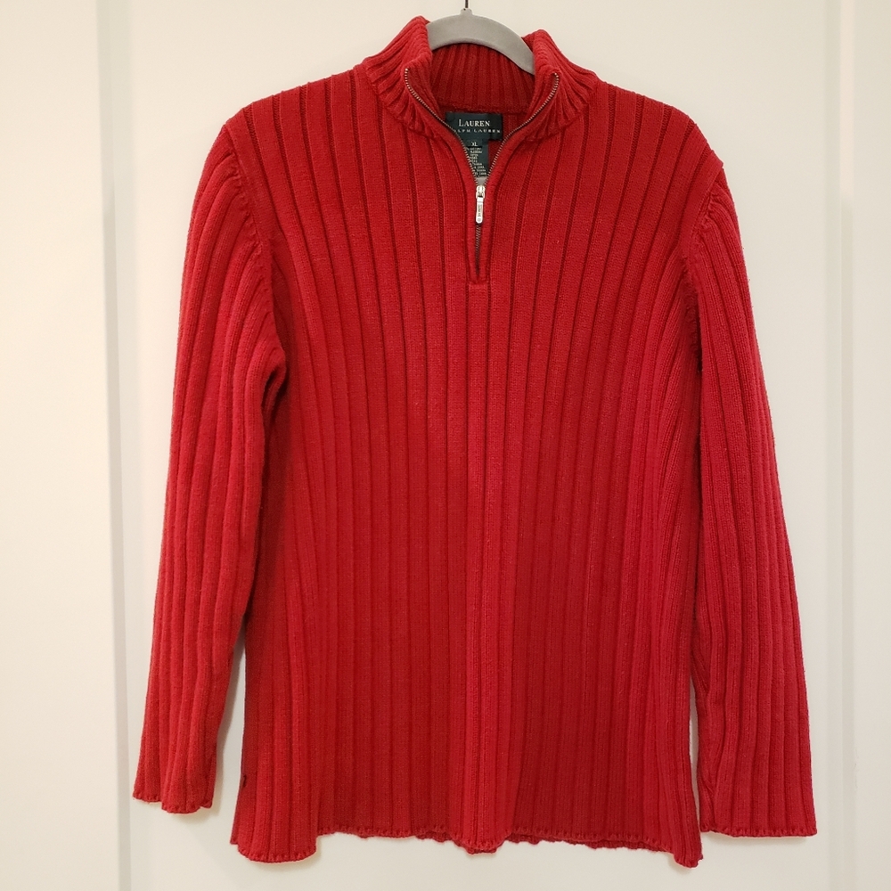 Ralph Lauren Ribbed Knit Pullover Sweater Size M-XL Red 1/4 Zip 100% Cotton